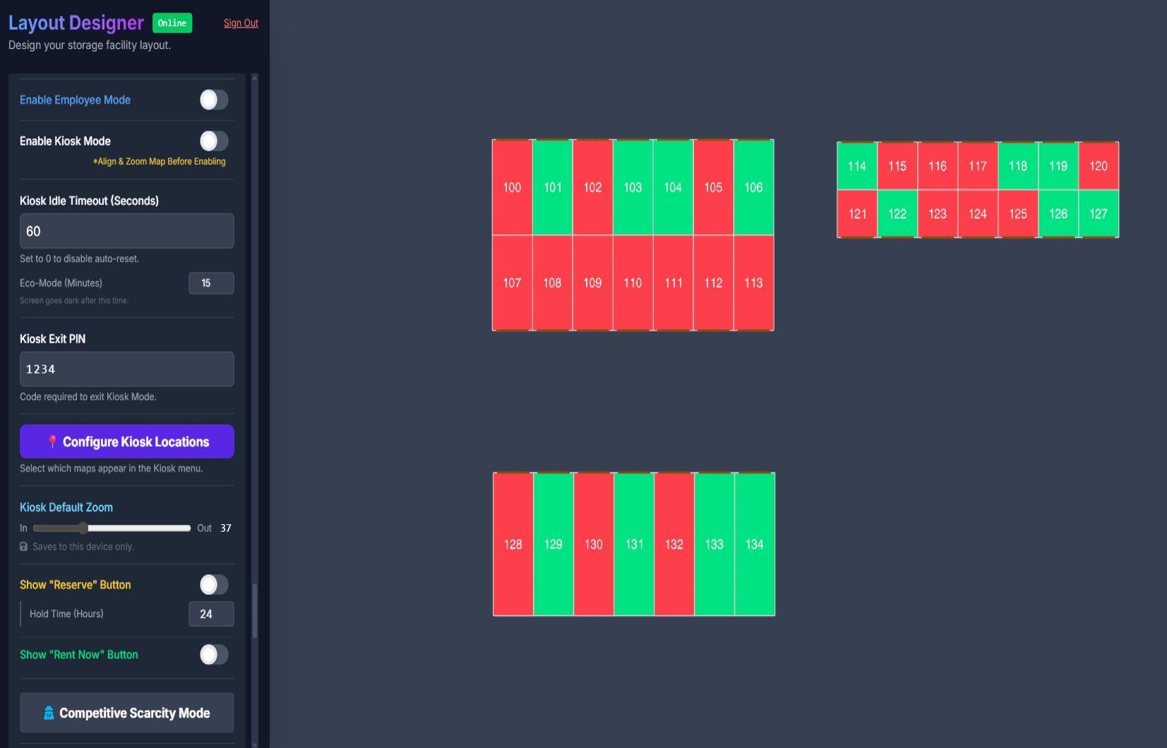 Storage Layout Designer settings panel showing Competitive Scarcity Mode